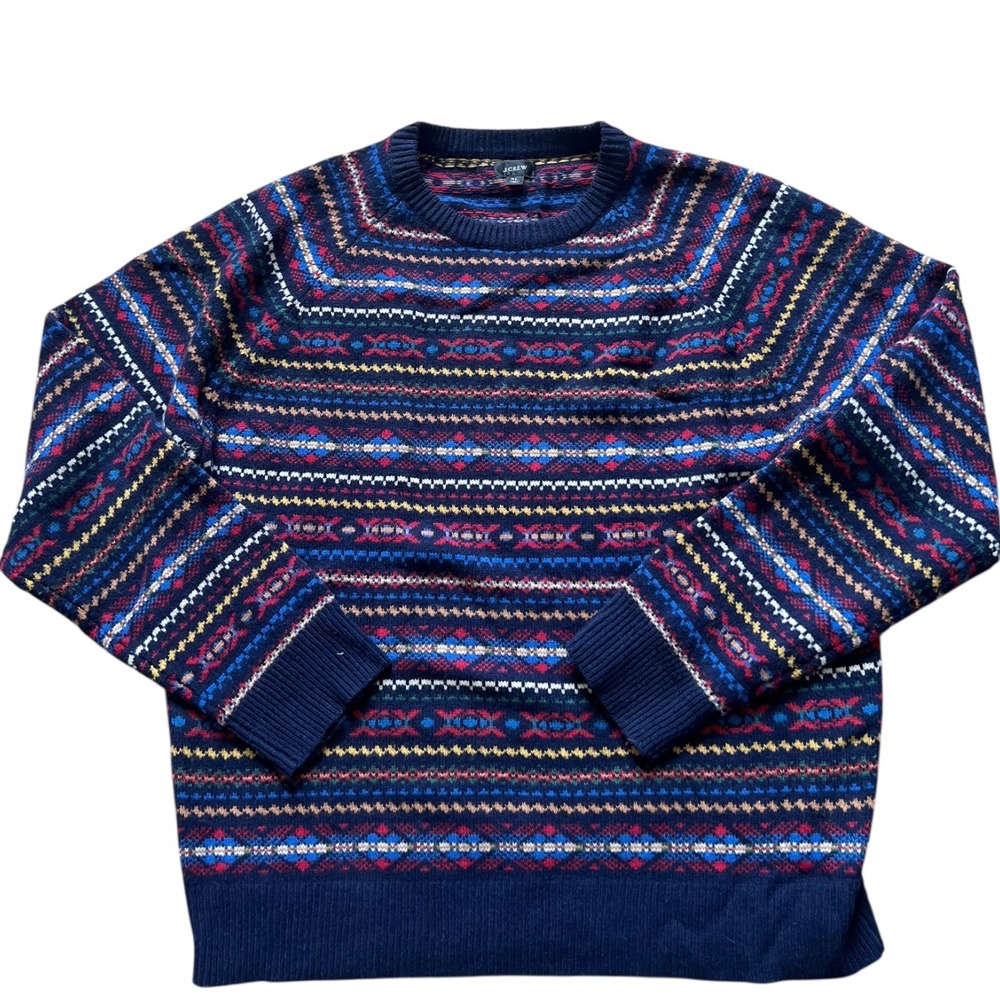 J.Crew Mens XL Lambswool Fair Isle Crewneck Sweater Navy Blue‎ Multi Pattern